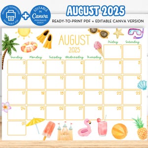 Bearbeitbarer August 2025 Kalender, Kinderschulkalender, druckbarer August 2025 Sommerplaner, monatlicher Kinderkalender Klassenzimmerkalender Canva SY8
