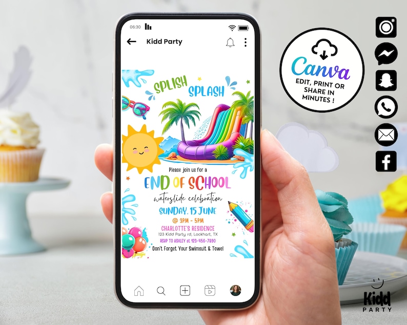Peut inclure: Un smartphone affiche une invitation color&eacute;e pour une f&ecirc;te de fin d'ann&eacute;e scolaire avec toboggan aquatique. Le design comprend un soleil de dessin anim&eacute;, un toboggan arc-en-ciel et le texte "END OF SCHOOL". Le logo Canva est &eacute;galement visible.
