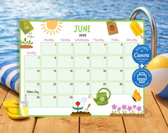 Kalender Juni 2026, druckbarer Sommerplaner, Urlaubsplaner, bearbeitbarer Monatsplaner SY4
