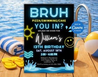 Invitación de cumpleaños "Bruh You In Pool Party", pastel de piscina con pizza, verano para niños, Canva editable