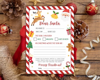May include: A festive Dear Santa letter with a red and white striped border. The letter features illustrations of a reindeer, Santa Claus, gifts, and Christmas symbols. The text includes prompts for the child's name, age, and Christmas wishes.