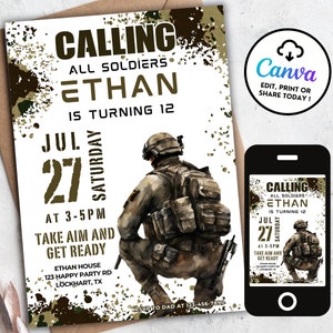 Invitation d'anniversaire de Calling All Soldiers, Invitation d'anniversaire de l'armée, Invitation d'anniversaire militaire, Soirée airsoft, Anniversaire camouflage, Pistolet à munitions AP11