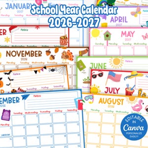 May include: A collection of colorful school year calendars for 2026-2027, each featuring a different month with themed illustrations. The calendars are designed with a clean layout and include space for notes. The text "School Year Calendar 2026-2027" is displayed at the top.