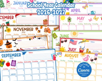 2026-2027 Kids Calendar, Printable Monthly School Year Planner, Class Academic Calendar, Editable Canva SY6