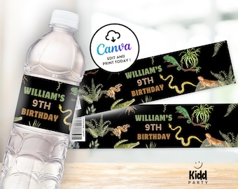 Reptile Water Bottle Label Reptile Birthday Party Favor Snake Birthday Party Decor Printable Reptile Drink Wrappers Editable Canva RB3