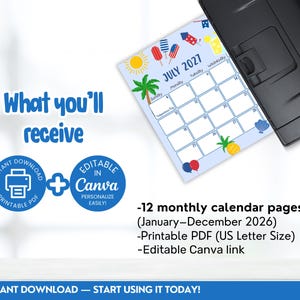 May include: A light blue July 2027 calendar with summer illustrations, including a sun, palm tree, and fireworks. The text "What you'll receive" is above two circular icons, one labeled "Printable PDF" and the other "Editable in Canva".