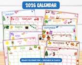 Printable 2026 Calendar, Family Monthly Planner, Kid School Schedule Wall Calendar, Editable Canva SY6
