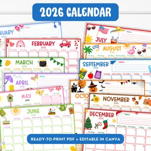 Printable 2026 Calendar, Family Monthly Planner, Kid School Schedule Wall Calendar, Editable Canva SY6