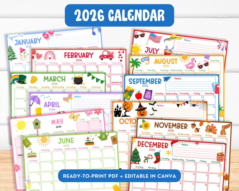 Printable 2026 Calendar, Family Monthly Planner, Kid School Schedule Wall Calendar, Editable Canva SY6 image 1