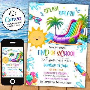 Ende der Schule Wasserrutsche Party Einladung, Splash Party einladen Auf Wiedersehen Schule Hallo Pool, Sommerparty bearbeitbar Canva Digital einladen ES7