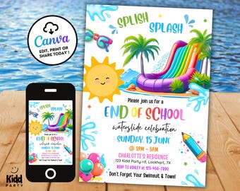 Faire-part de fin d'école avec un toboggan aquatique, une fête d'éclaboussures d'eau, une invitation au revoir l'école et bonjour à la piscine, une invitation numérique sur toile modifiable pour une fête d'été ES7