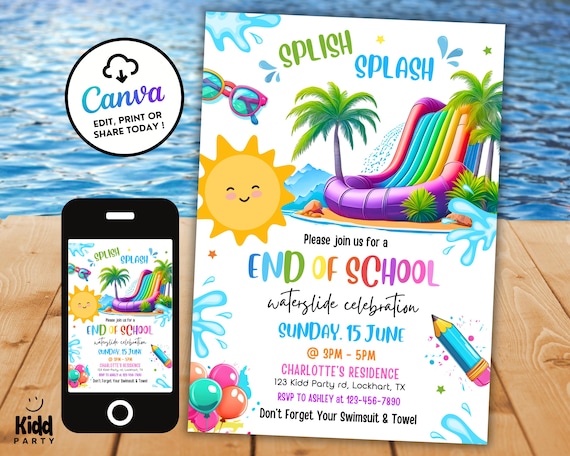 End of School Water Slide Party Invitation, Splash Party Invite Goodbye School Hello Pool, Summer Party Editable Canva Digital Invite ES7