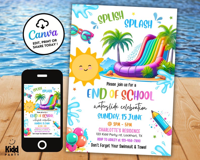 Peut inclure: Invitation pour une f&ecirc;te de fin d'&eacute;cole avec un toboggan aquatique color&eacute;. Le design comprend un toboggan, des palmiers, un soleil souriant et le texte "SPLISH SPLASH". Un smartphone affiche l'invitation. Le logo Canva est visible.
