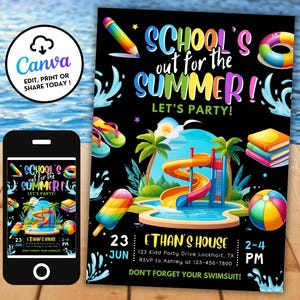 End of School Water Slide Party Invitation Schools Out Party Invite Goodbye school hello summer Pool Party Editable Canva Digital Invite ES1