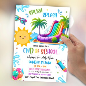 Peut inclure: Une invitation color&eacute;e pour une c&eacute;l&eacute;bration de fin d'&eacute;cole avec toboggan aquatique. Le design pr&eacute;sente un soleil souriant, un toboggan arc-en-ciel, des palmiers et le texte "SPLISH SPLASH". L'invitation comprend les d&eacute;tails de l'&eacute;v&eacute;nement et le logo Kidd Party.