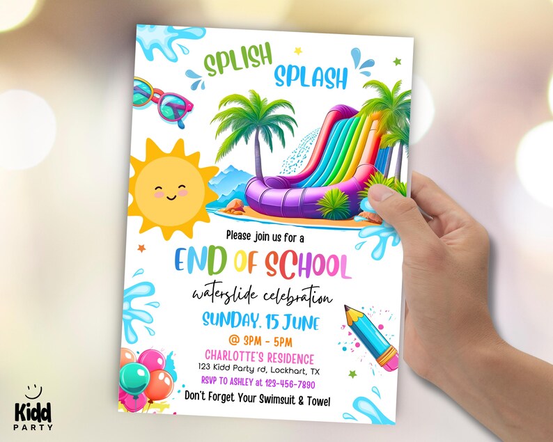 Peut inclure: Une invitation color&eacute;e pour une c&eacute;l&eacute;bration de fin d'&eacute;cole avec toboggan aquatique. Le design pr&eacute;sente un soleil souriant, un toboggan arc-en-ciel, des palmiers et le texte "SPLISH SPLASH". L'invitation comprend les d&eacute;tails de l'&eacute;v&eacute;nement et le logo Kidd Party.