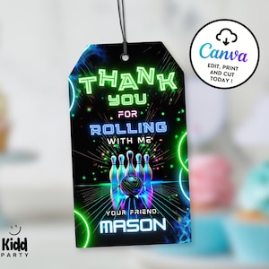 Etiqueta de agradecimento de aniversário de boliche editável, etiqueta de lembrança de boliche brilhante, etiqueta de presente de festa de boliche neon, cartão de agradecimento de boliche para meninos, etiqueta de boliche infantil BP1