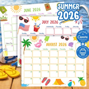 Puede incluir: Calendarios de verano de 2026 con ilustraciones de temática playera. Los calendarios de junio, julio y agosto presentan iconos como gafas de sol, un flamenco y un balón de playa. El texto "Summer 2026" se muestra en una fuente lúdica.