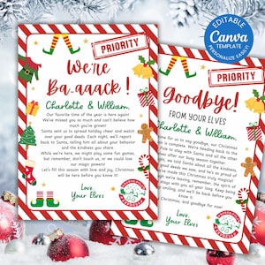 May include: Two Christmas-themed letters with red and white borders, featuring elf illustrations and festive graphics. The letters read "We're Ba-aaack!" and "Goodbye!" with messages from the elves, perfect for holiday greetings.