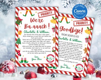 May include: Two Christmas letters with red and white borders, featuring elf illustrations and festive graphics. The letters read "We're Ba-aaack!" and "Goodbye!" with messages from the elves, ideal for holiday greetings.