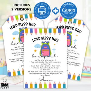 Backpack Blessing Tags, Printable First Day of School Prayer Tag, Back to School Blessing, First Day of School Gift Tag, Editable Canva PC4