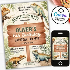 Faire-part d'anniversaire reptile, thème de la fête, invitation à un spectacle de reptiles, anniversaire rencontre d'animaux, anniversaire de zoo Evite, toile de serpent RB9