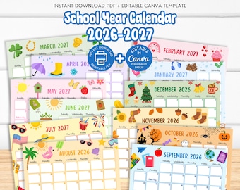 2026 2027 School Year Calendar, Printable Monthly School Planner, Editable Homeschool Schedule, Canva SY1