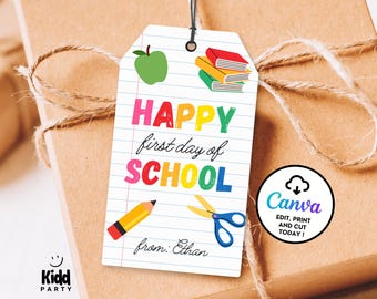 Happy First Day of School Tag, Back To School Tag, Printable Class Favors, Teacher Gift Tag, School Staff Treat Tag, Editable Canva Tag ST5