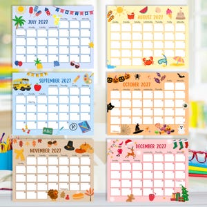 May include: A collection of six monthly calendars for the year 2027, each with a different seasonal theme. The calendars are decorated with illustrations related to summer, school, Halloween, and Christmas. Each calendar is a different colour.