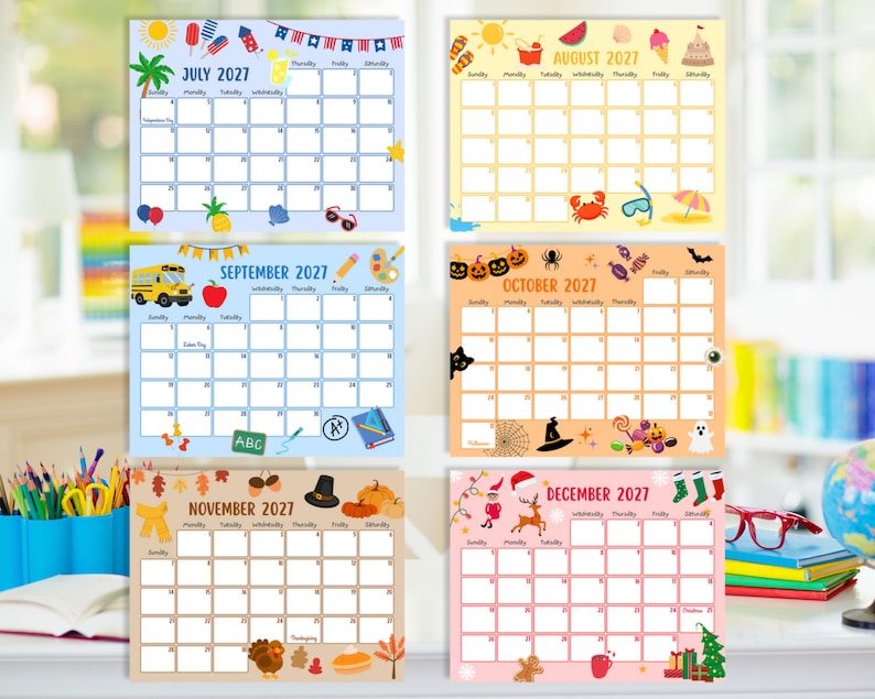 May include: A collection of six monthly calendars for the year 2027, each with a different seasonal theme. The calendars are decorated with illustrations related to summer, school, Halloween, and Christmas. Each calendar is a different colour.
