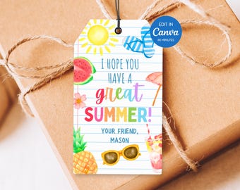 Étiquette modifiable pour le dernier jour d'école, étiquettes cadeaux grand soleil d'été, étiquette de faveur imprimable pour la classe