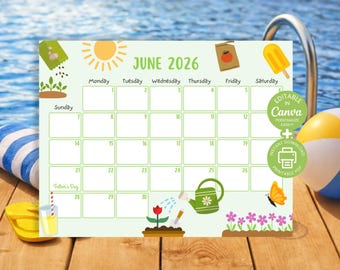 Bearbeitbarer Juni 2026 Kalender für Kinder, druckbarer Sommermonatsplaner, Feiertagskalender SY2