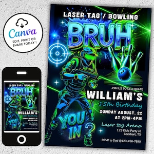 Bruh Laser Tag Bowling Birthday Invitation, Glow Laser Tag Invite, Neon Bruh Bowling Party, Bruh You In Invitation, Bruh Invitation LT17