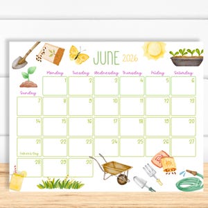 May include: A watercolor-style June 2026 calendar with gardening-themed illustrations. The calendar features a yellow sun, a butterfly, and gardening tools. The days of the week are listed across the top, with dates in a grid format. Father's Day is noted.