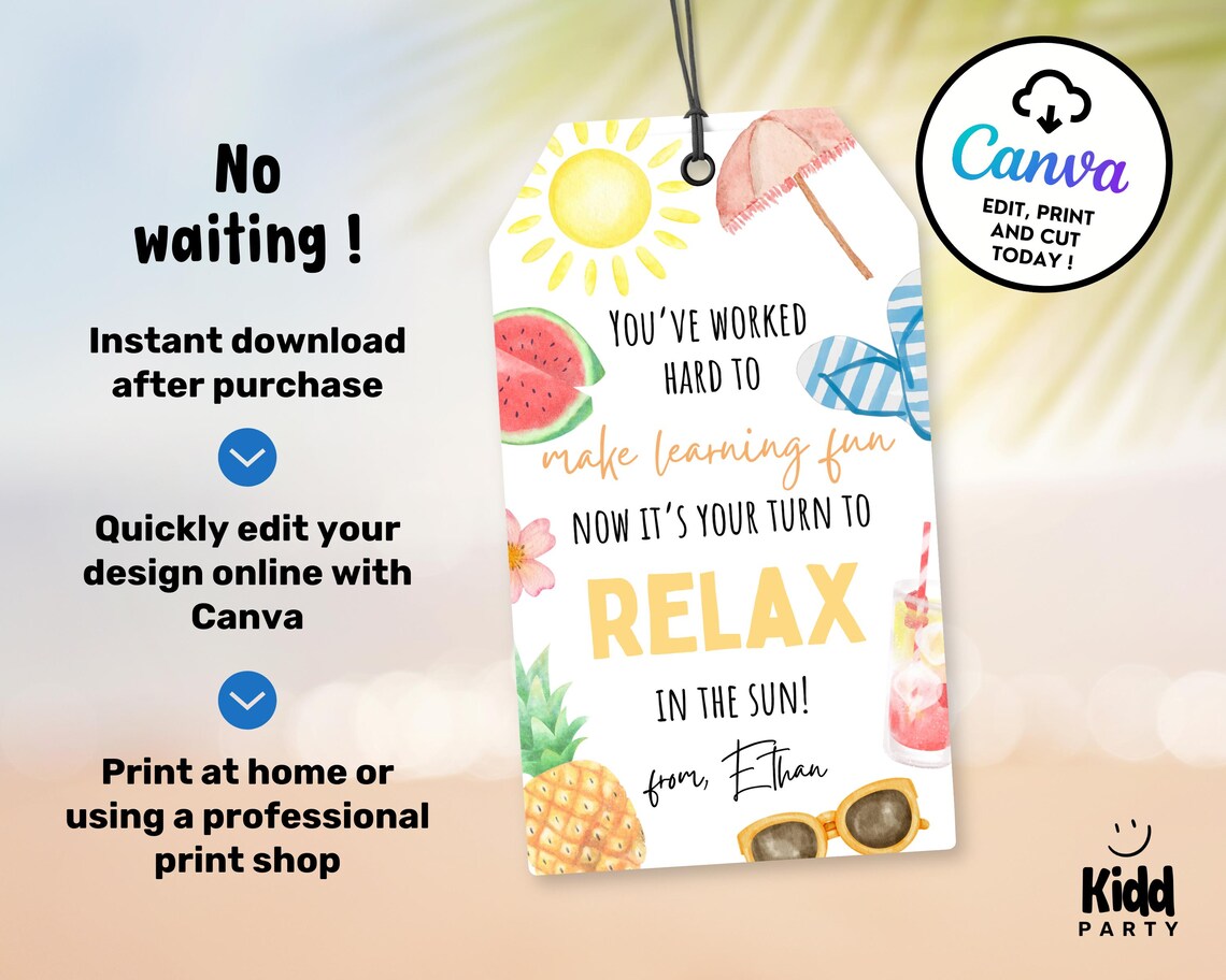 Editable Summer Teacher Appreciation Gift Tag Editable, Relax in the ...