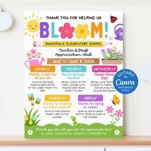 Floral Theme Teacher Appreciation Week Itinerary Flyer, Help Us Bloom, PTO Events, Editable Canva,