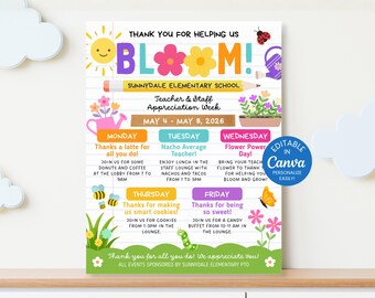Floral Theme Teacher Appreciation Week Itinerary Flyer, Help Us Bloom, PTO Events, Editable Canva,
