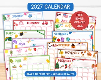 Pode incluir: Um conjunto de calendário 2027 com páginas mensais com ilustrações sazonais coloridas e layouts de grade. Um emblema circular vermelho exibe o texto FREE BONUS: OCT-DEC 2026. O banner azul inferior inclui READY-TO-PRINT PDF + EDITABLE IN CANVA.