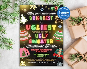 May include: An invitation for an Ugly Sweater Christmas Party. The invitation features colorful text and sweater illustrations on a black background. The invitation includes the date, time, and location of the party.