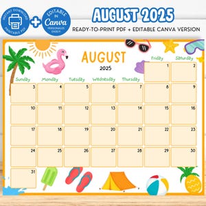 Bearbeitbarer August 2025 Kalender, Kinderschulkalender, druckbarer August 2025 Sommerplaner, monatlicher Kinderkalender Klassenzimmerkalender Canva SY4