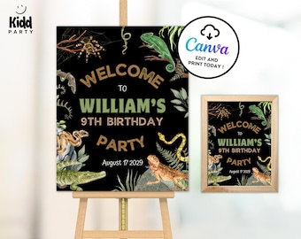 May include: A black birthday party sign with the text "WELCOME TO WILLIAM'S 9TH BIRTHDAY PARTY August 17 2029". The sign includes illustrations of a spider, chameleon, snake, and lizard. A smaller framed version is also displayed.