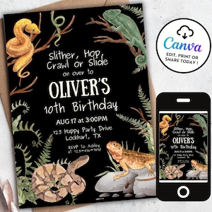 Reptile Birthday Invitation, Reptile Party Invitation, Lizard Birthday Invite, Reptile Party, Spider, Snake Birthday, Boy Evite, Canva RB4