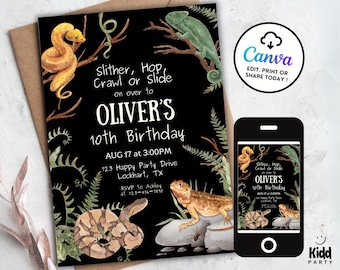 May include: Black and green birthday party invitation with a jungle theme. The invitation features a chameleon, a snake, and a lizard. The text on the invitation reads "Slither, Hop, Crawl or Slide on over to Oliver's 10th Birthday".