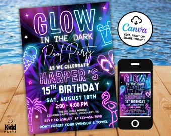 Glow in the Dark Pool Party Birthday Invitation, Glow Summer Party, Tropical Birthday, Neon Pool Party Invitation, Teen Pool Birthday PP20