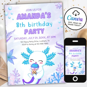Axolotl Geburtstagseinladung - bearbeitbares Lila Süßes Mädchen Party einladen - Kawaii unter dem Meer - Spaß Sommer Pool Party - digitale Vorlage CKG2