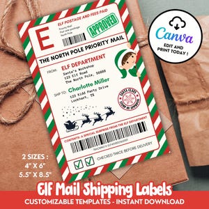 Editable Elf Mail Shipping Label, Santa mail, Santa Shipping Stickers, Printable North Pole Delivery Tag Christmas Elf Activity Label SL3
