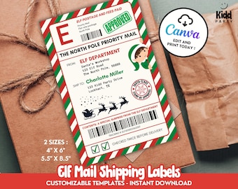 Editable Elf Mail Shipping Label, Printable North Pole Delivery Tag, Christmas Santa Stickers SL3