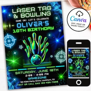 Faire-part d'anniversaire bowling laser tag, invitation laser tag phosphorescent, bowling néon, fête d'anniversaire arcade, fête de jeu, téléchargement numérique LT10