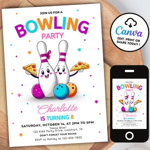 Bowling and Pizza Birthday Invitation, Editable Girl Bowling Party Invite, Pizza Party, Digital Kid Bowling Invitation, Birthday Theme BP12