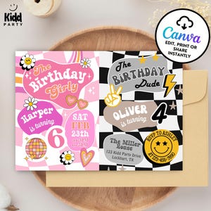 May include: A birthday party invitation with a pink and white theme. The invitation is split into two sections, one for "The Birthday Girly" and one for "The Birthday Dude." The invitation includes the names Harper and Oliver, the date, time, and location.